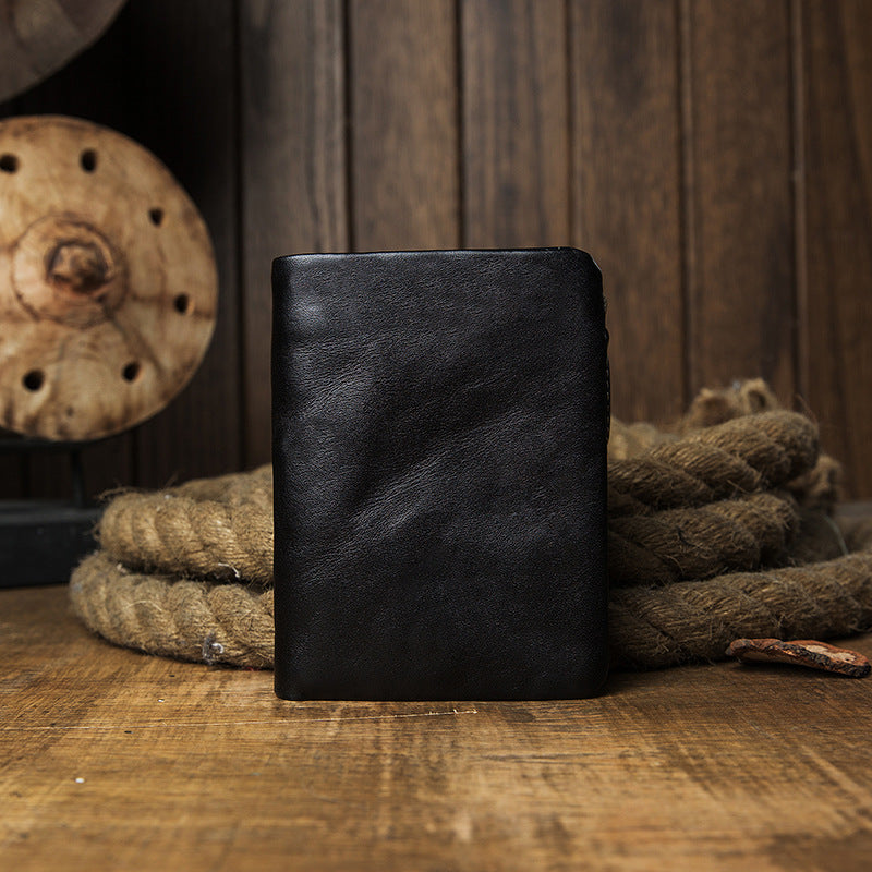 Men's short wallet, cowhide, genuine leather, handmade, original, casual, zipper, unique, Korean fashion, simple wallet for men