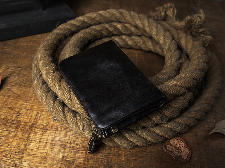 Men's short wallet, cowhide, genuine leather, handmade, original, casual, zipper, unique, Korean fashion, simple wallet for men