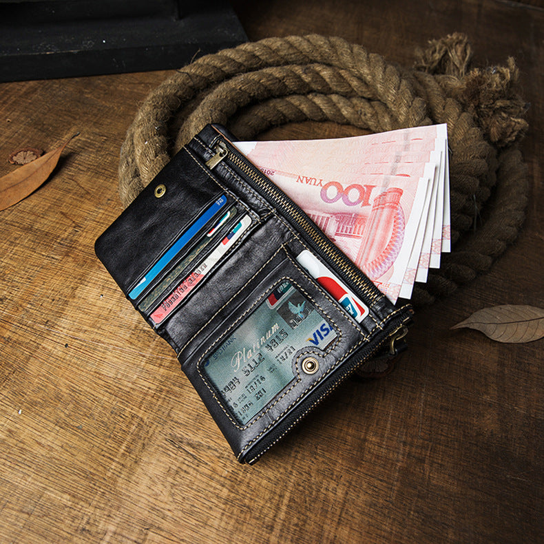 Men's short wallet, cowhide, genuine leather, handmade, original, casual, zipper, unique, Korean fashion, simple wallet for men