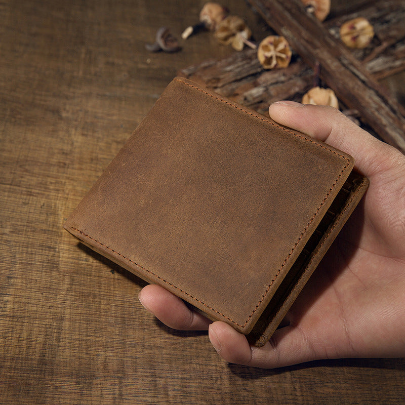 Men's short wallet made of genuine cowhide leather Crazy Horse Original casual simple thin Korean fashion unique wallet for men