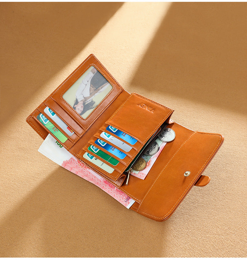 Wallet Women Short Type Trifold Wallet Retro Oil Wax Genuine Leather Coin Purse That Goes With Anything Multifunctional Ladies Wallet
