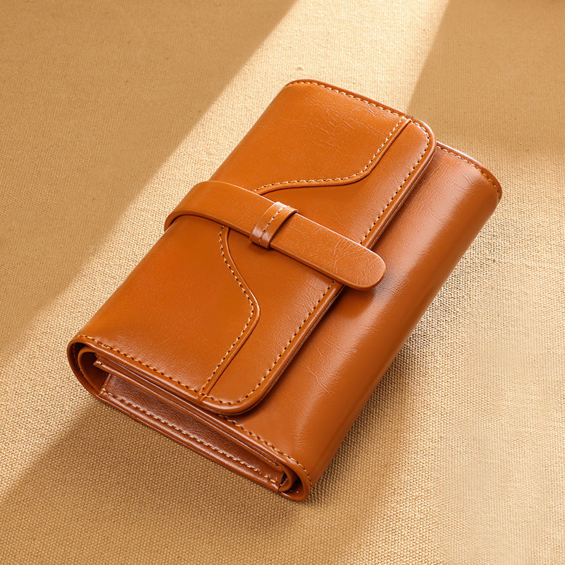 Wallet Women Short Type Trifold Wallet Retro Oil Wax Genuine Leather Coin Purse That Goes With Anything Multifunctional Ladies Wallet