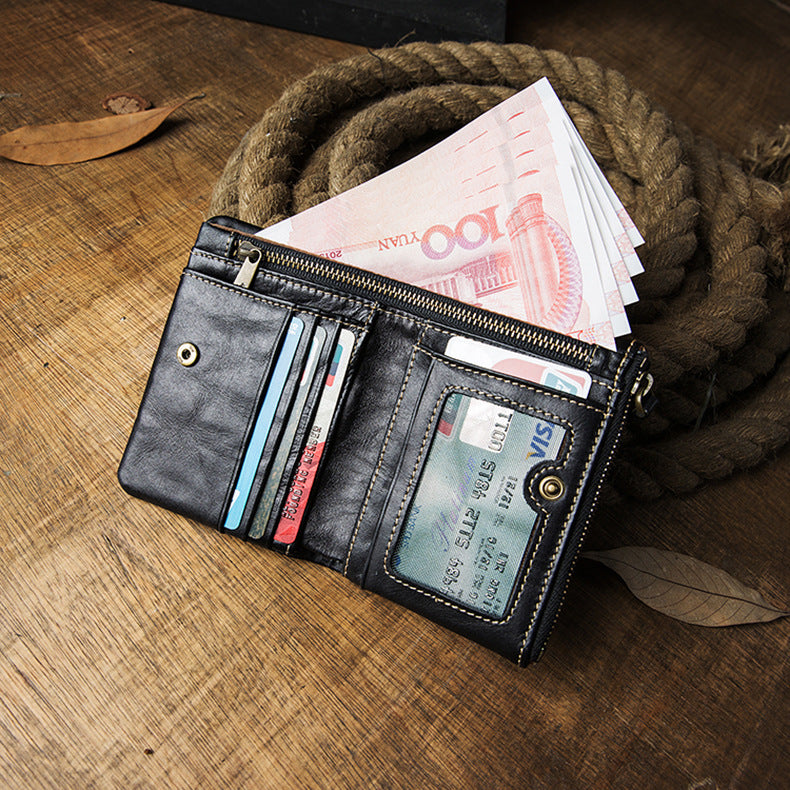 Men's short wallet, cowhide, genuine leather, handmade, original, casual, zipper, unique, Korean fashion, simple wallet for men