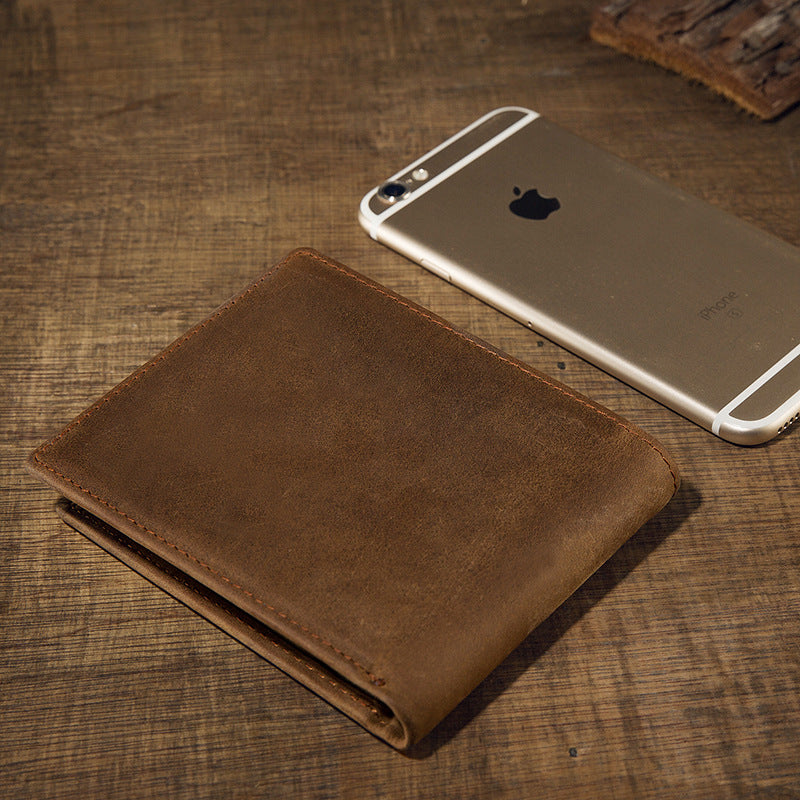 Men's short wallet made of genuine cowhide leather Crazy Horse Original casual simple thin Korean fashion unique wallet for men