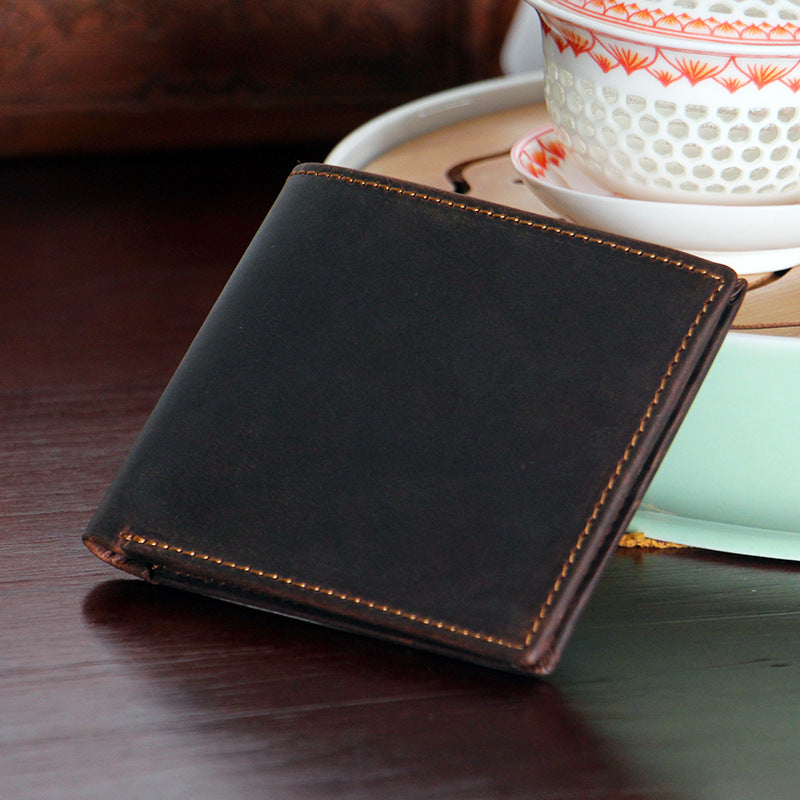 Men's short wallet made of genuine cowhide leather Crazy Horse Original casual simple thin Korean fashion unique wallet for men