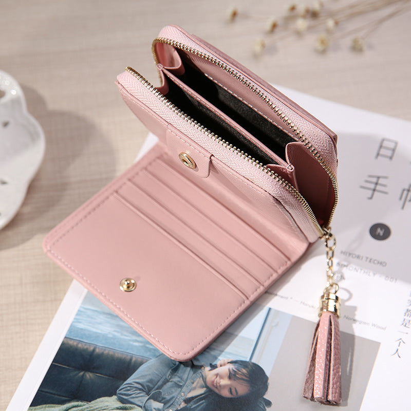 Wallet Ladies Short Zipper Genuine Leather Bifold Wallet Couple Fringe Mini Wallet Coin Purse Ladies Wallet