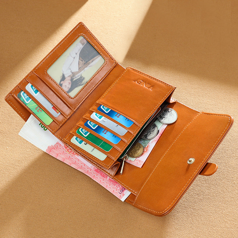 Wallet Women Short Type Trifold Wallet Retro Oil Wax Genuine Leather Coin Purse That Goes With Anything Multifunctional Ladies Wallet