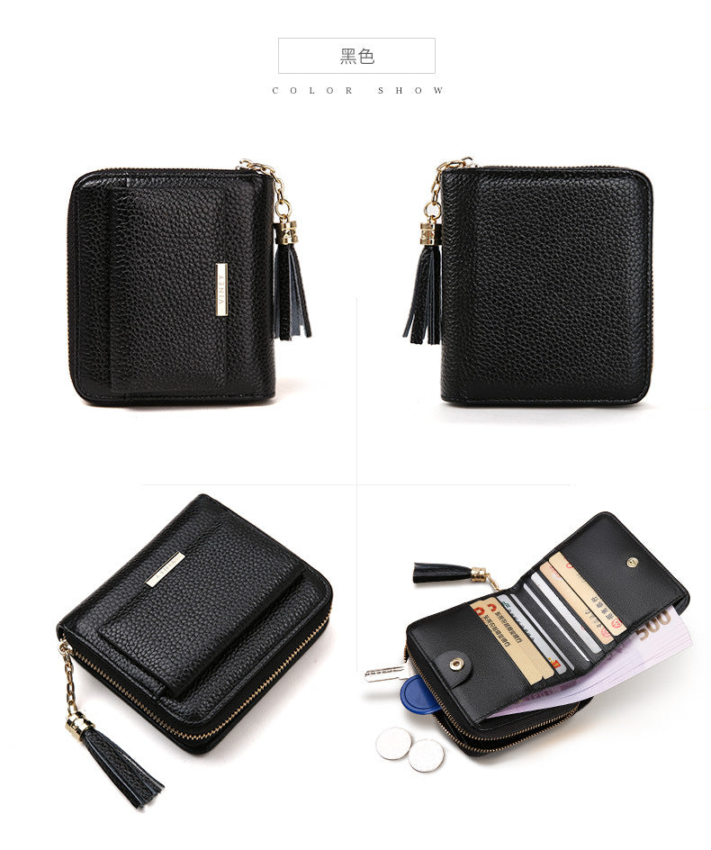 Wallet Ladies Short Zipper Genuine Leather Bifold Wallet Couple Fringe Mini Wallet Coin Purse Ladies Wallet
