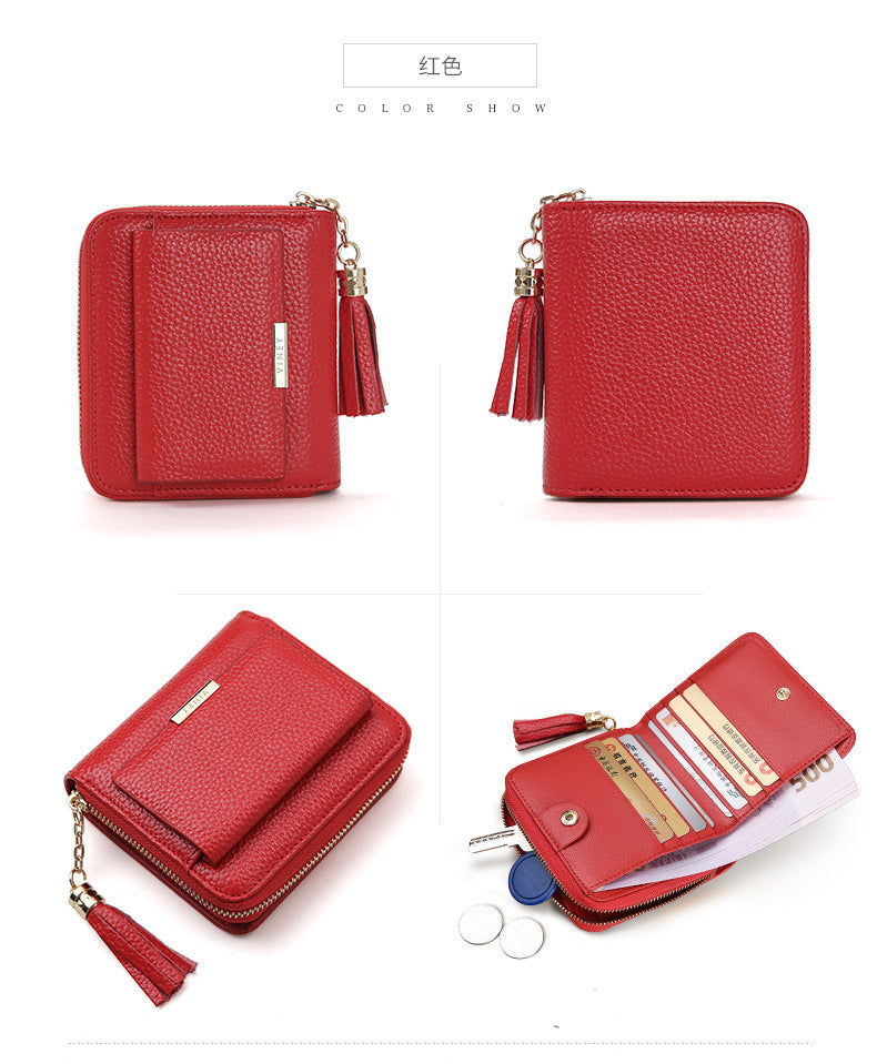 Wallet Ladies Short Zipper Genuine Leather Bifold Wallet Couple Fringe Mini Wallet Coin Purse Ladies Wallet