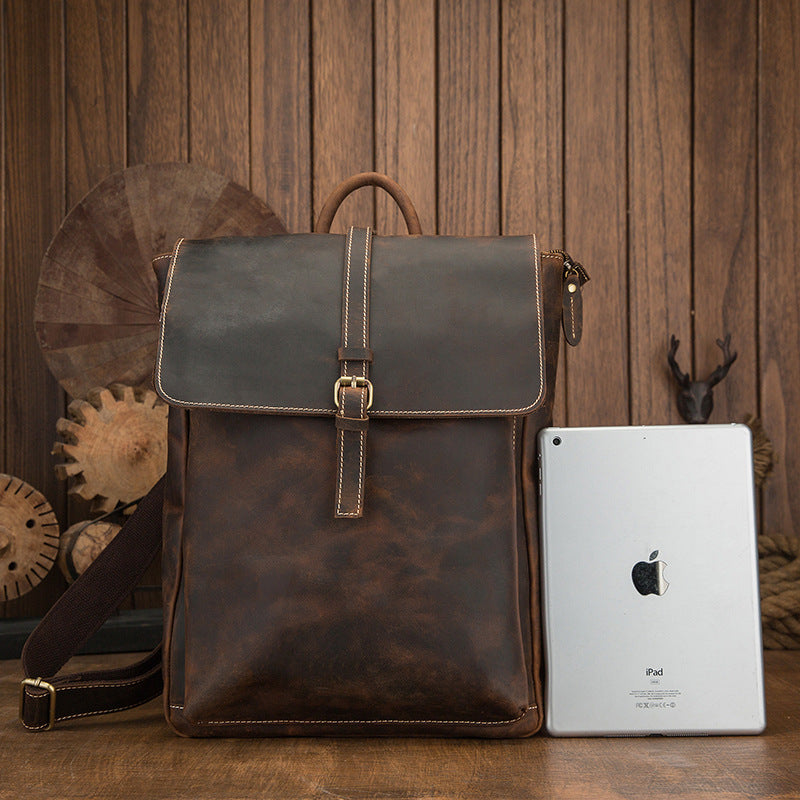 Men's backpack handmade cowhide genuine leather Crazy Horse Korean fashion casual commuting computer bag travel bag