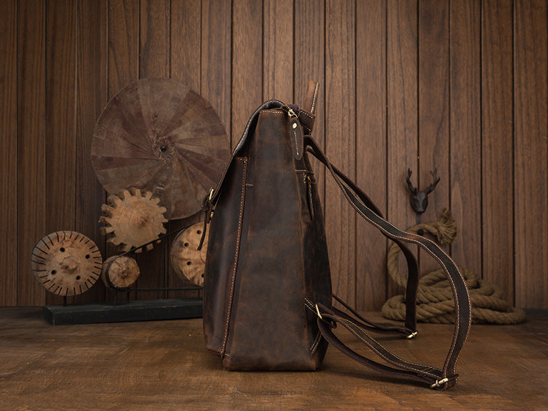 Men's backpack handmade cowhide genuine leather Crazy Horse Korean fashion casual commuting computer bag travel bag