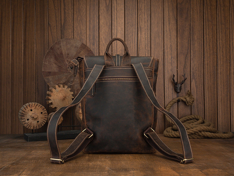 Men's backpack handmade cowhide genuine leather Crazy Horse Korean fashion casual commuting computer bag travel bag