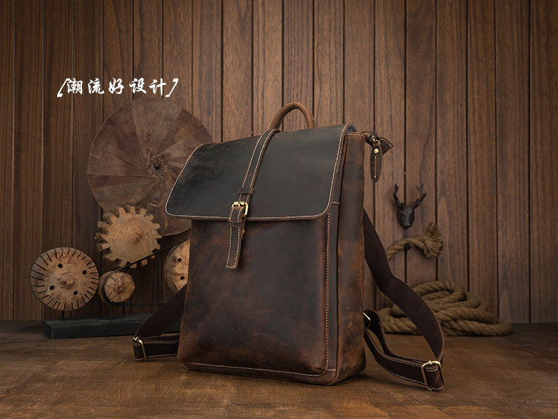 Men's backpack handmade cowhide genuine leather Crazy Horse Korean fashion casual commuting computer bag travel bag