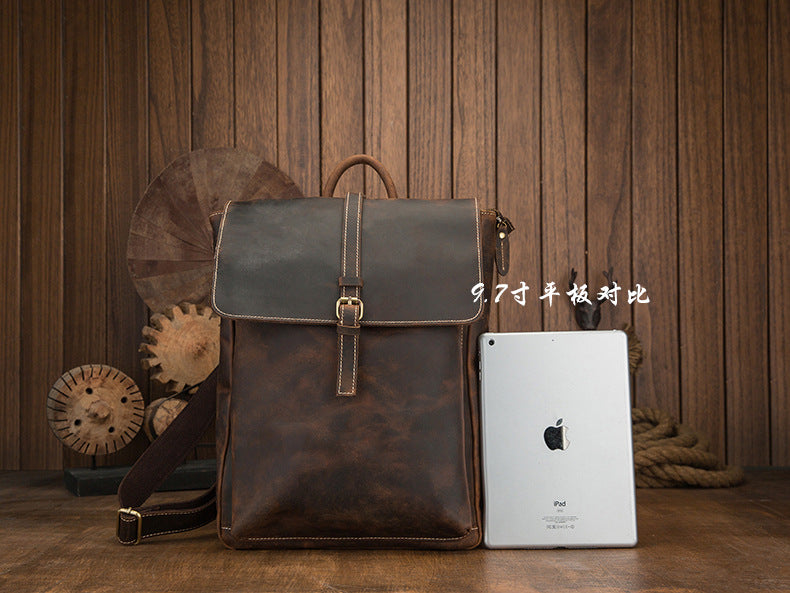 Men's backpack handmade cowhide genuine leather Crazy Horse Korean fashion casual commuting computer bag travel bag