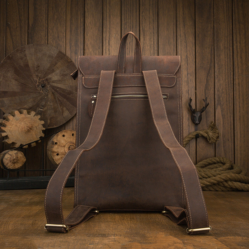 Men's Rucksack Cowhide Genuine Leather Handmade Unique Fashion Casual Travel Bag Computer Bag