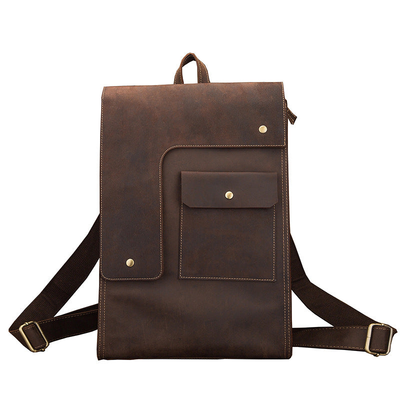 Men's Rucksack Cowhide Genuine Leather Handmade Unique Fashion Casual Travel Bag Computer Bag