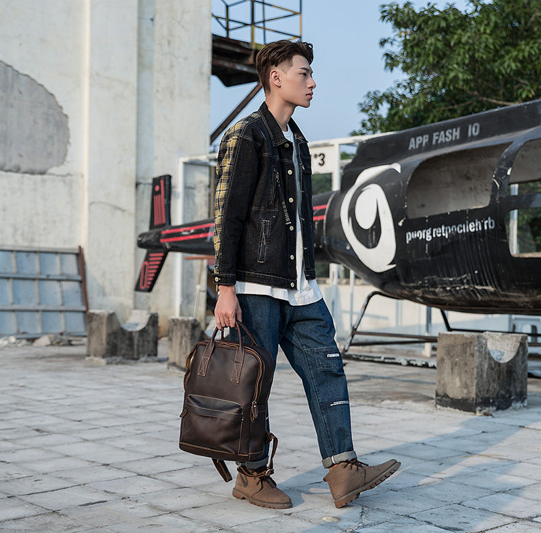 Men's Rucksack Handmade Cowhide Genuine Leather Business Casual Handbag Korean Fashion Large Capacity Travel Bag for Men