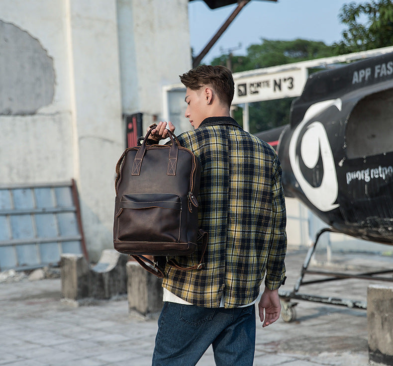 Men's Rucksack Handmade Cowhide Genuine Leather Business Casual Handbag Korean Fashion Large Capacity Travel Bag for Men