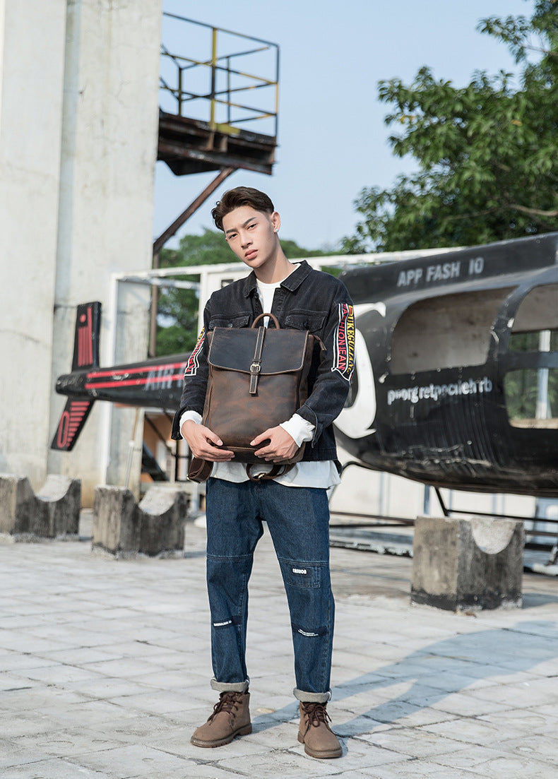 Men's backpack handmade cowhide genuine leather Crazy Horse Korean fashion casual commuting computer bag travel bag