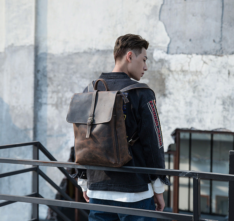Men's backpack handmade cowhide genuine leather Crazy Horse Korean fashion casual commuting computer bag travel bag