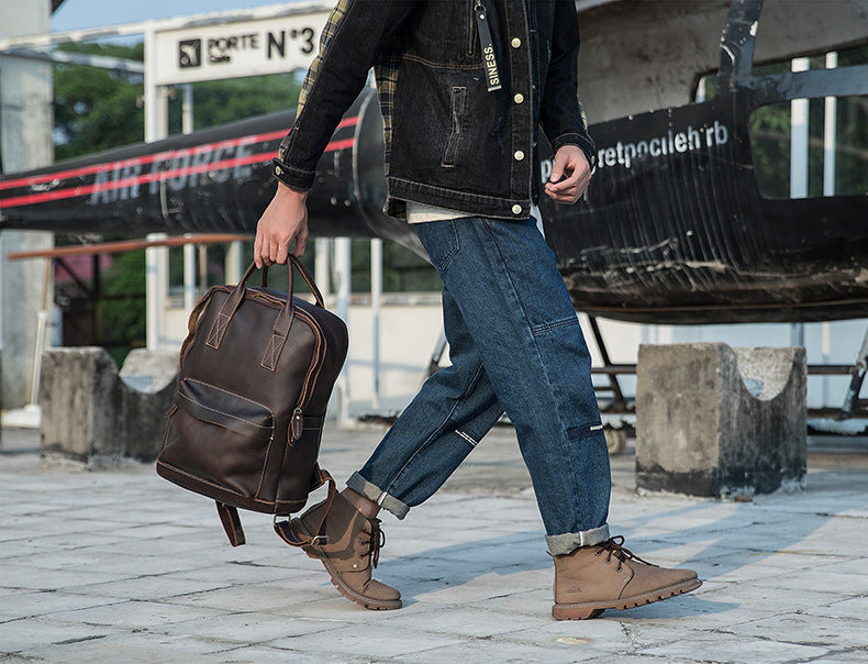 Men's Rucksack Handmade Cowhide Genuine Leather Business Casual Handbag Korean Fashion Large Capacity Travel Bag for Men