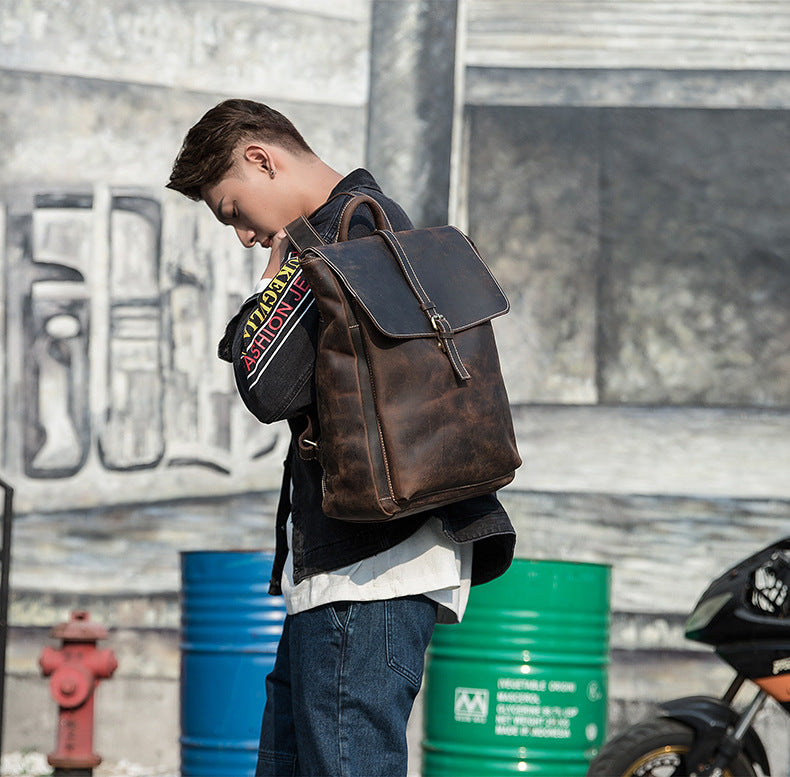 Men's backpack handmade cowhide genuine leather Crazy Horse Korean fashion casual commuting computer bag travel bag