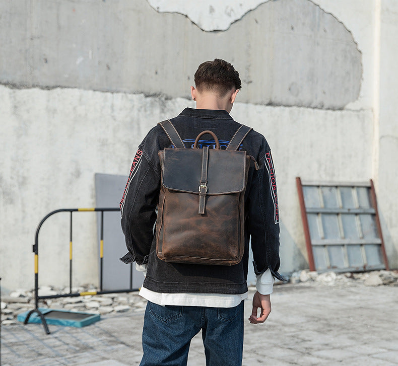 Men's backpack handmade cowhide genuine leather Crazy Horse Korean fashion casual commuting computer bag travel bag