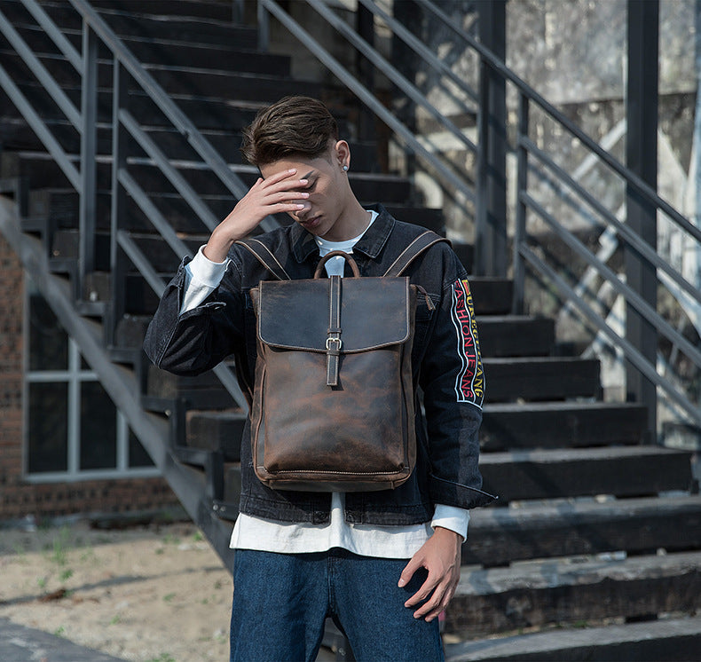 Men's backpack handmade cowhide genuine leather Crazy Horse Korean fashion casual commuting computer bag travel bag