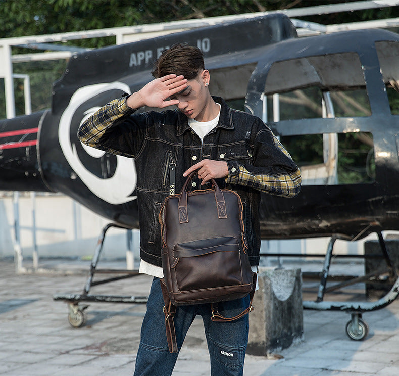 Men's Rucksack Handmade Cowhide Genuine Leather Business Casual Handbag Korean Fashion Large Capacity Travel Bag for Men