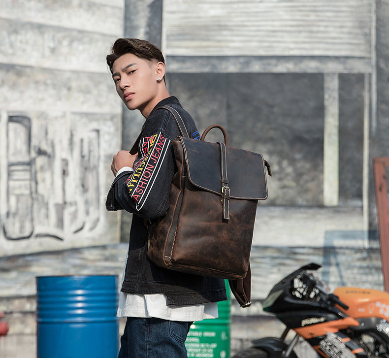 Men's backpack handmade cowhide genuine leather Crazy Horse Korean fashion casual commuting computer bag travel bag