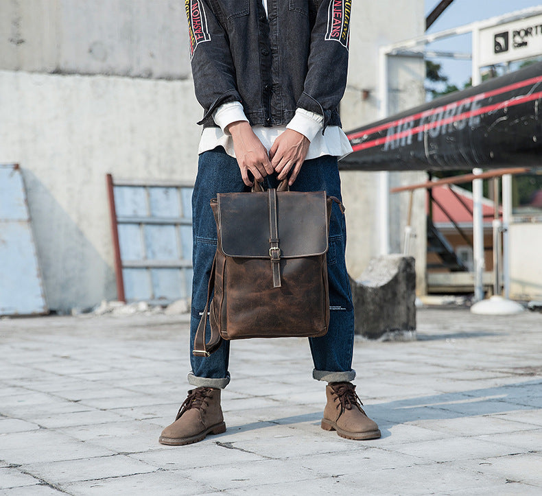 Men's backpack handmade cowhide genuine leather Crazy Horse Korean fashion casual commuting computer bag travel bag