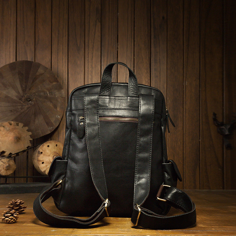 Men's Rucksack Handmade Cowhide Genuine Leather Casual Travel Bag Computer Bag Simple Fashion Unisex Bag