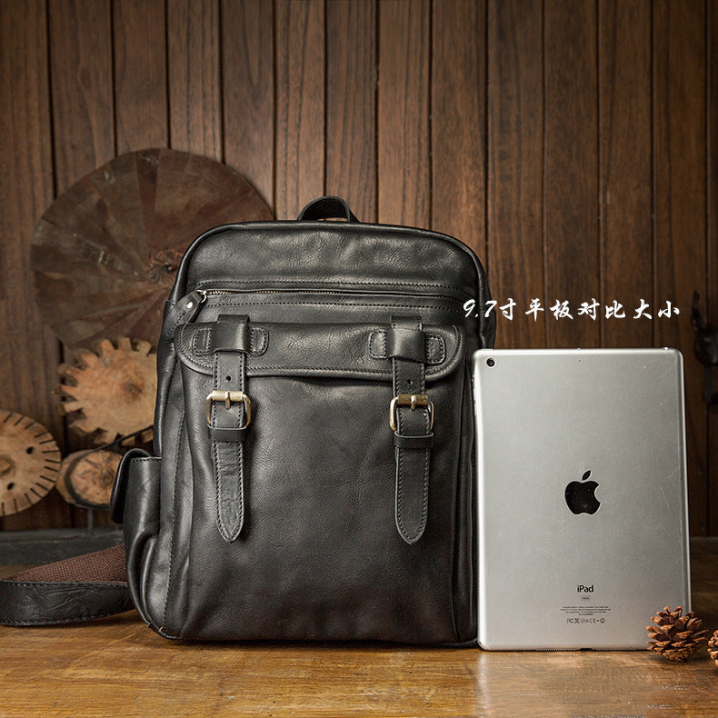 Men's Rucksack Handmade Cowhide Genuine Leather Casual Travel Bag Computer Bag Simple Fashion Unisex Bag