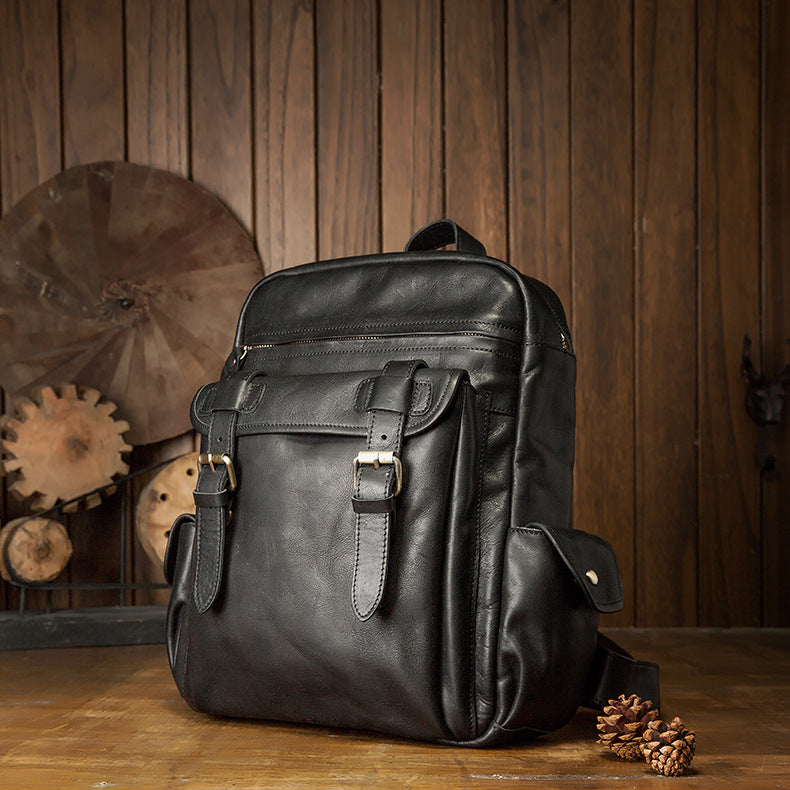 Men's Rucksack Handmade Cowhide Genuine Leather Casual Travel Bag Computer Bag Simple Fashion Unisex Bag