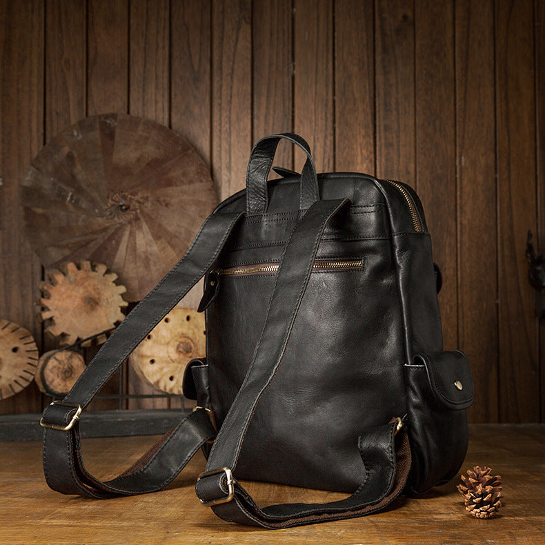 Men's Rucksack Handmade Cowhide Genuine Leather Casual Travel Bag Computer Bag Simple Fashion Unisex Bag