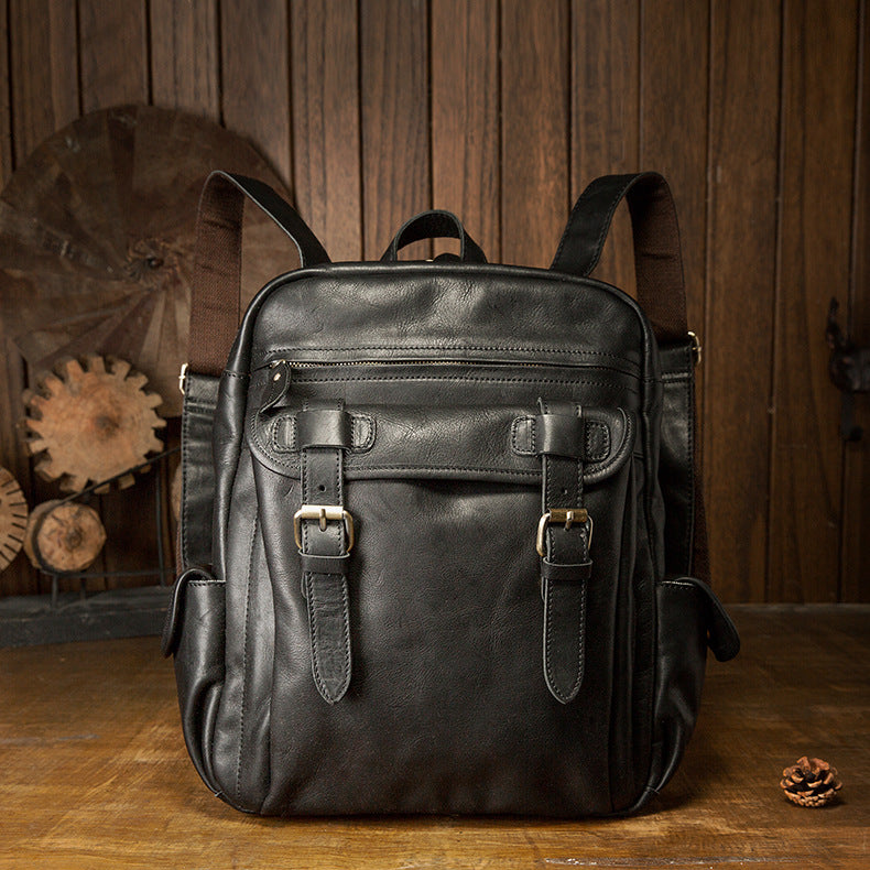 Men's Rucksack Handmade Cowhide Genuine Leather Casual Travel Bag Computer Bag Simple Fashion Unisex Bag