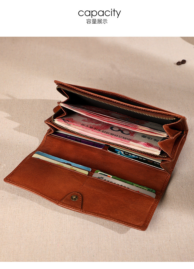 Ladies wallet long genuine leather clutch bag large capacity wallet cowhide wallet bifold wallet retro long wallet