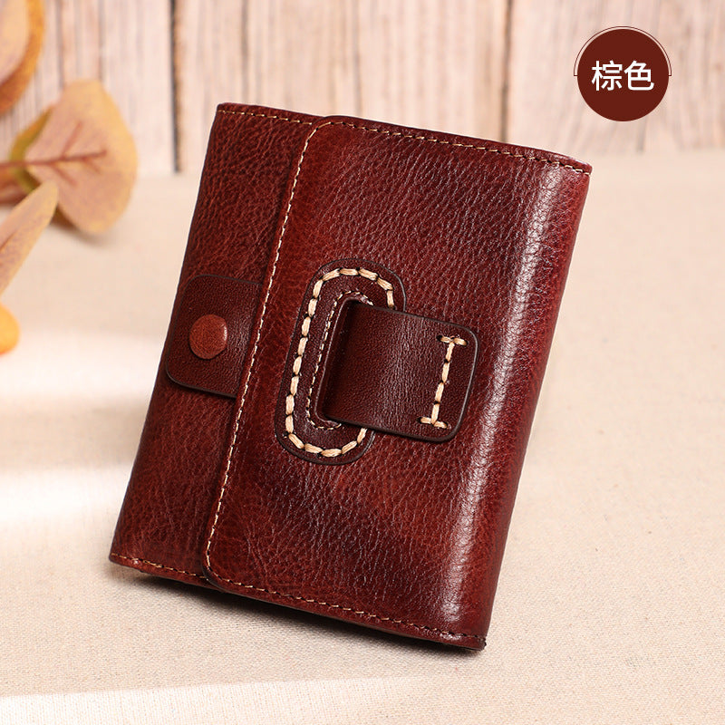 Ladies wallet short genuine leather tri-fold wallet vertical cowhide wallet large capacity retro wallet