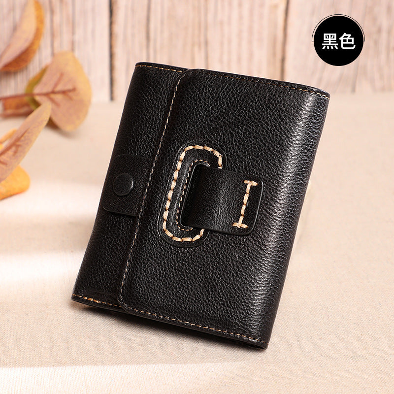 Ladies wallet short genuine leather tri-fold wallet vertical cowhide wallet large capacity retro wallet