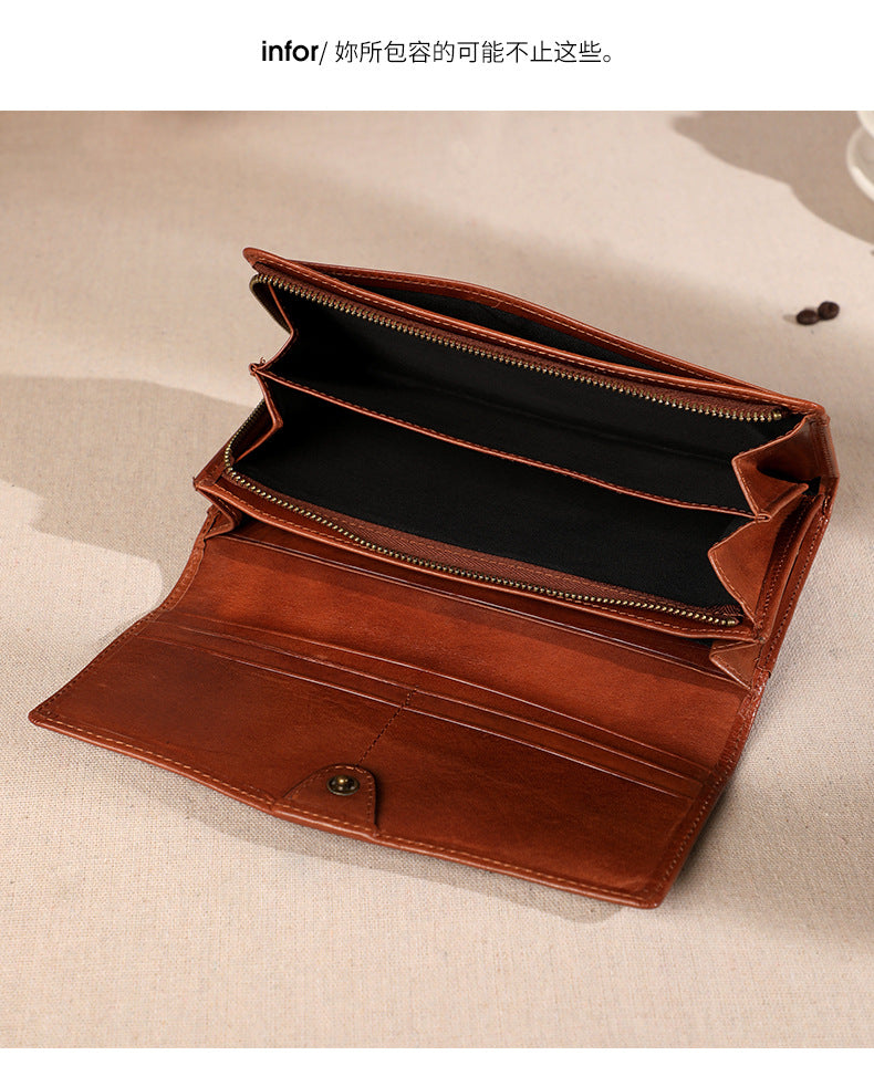 Ladies wallet long genuine leather clutch bag large capacity wallet cowhide wallet bifold wallet retro long wallet