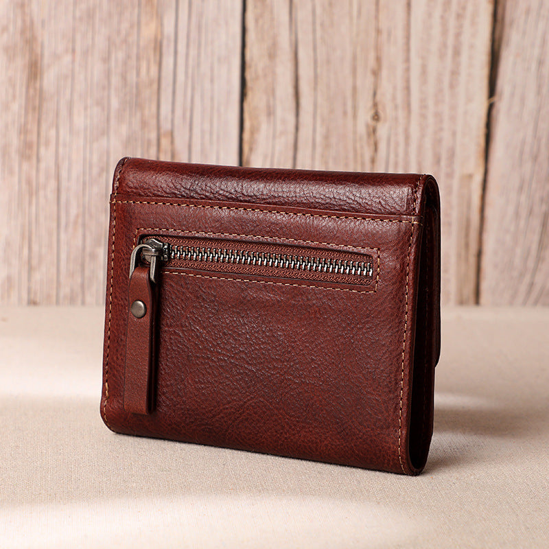Ladies wallet short genuine leather tri-fold wallet vertical cowhide wallet large capacity retro wallet