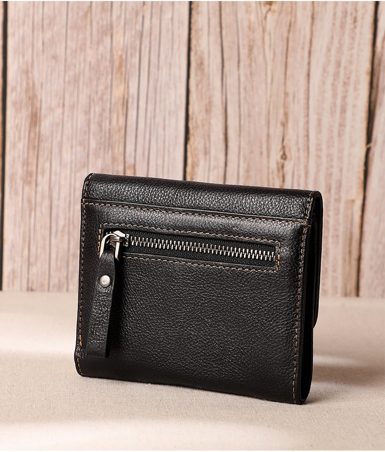 Ladies wallet short genuine leather tri-fold wallet vertical cowhide wallet large capacity retro wallet