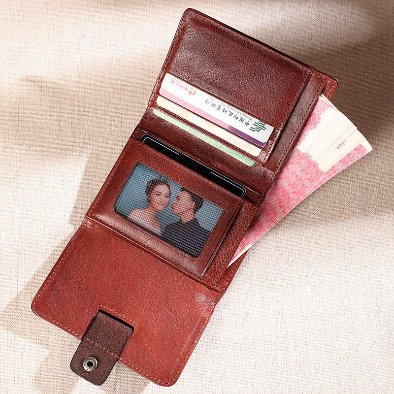 Ladies wallet short genuine leather tri-fold wallet vertical cowhide wallet large capacity retro wallet