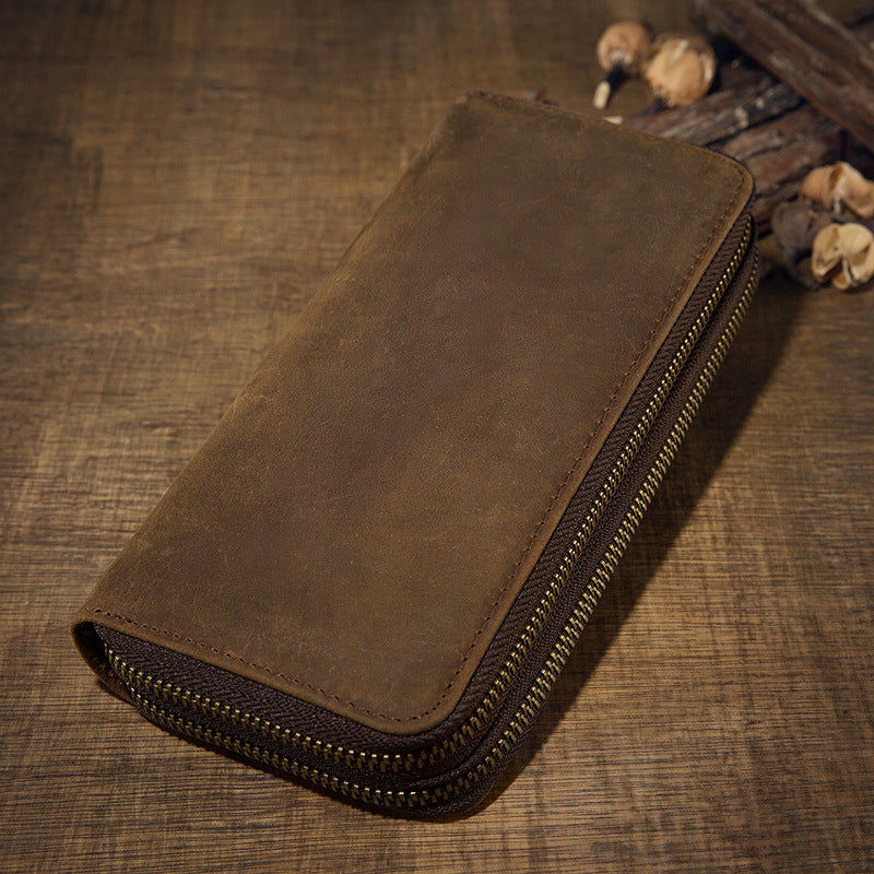 Men's long wallet original Crazy Horse cowhide genuine leather double zipper card holder large capacity retro men's clutch bag handbag