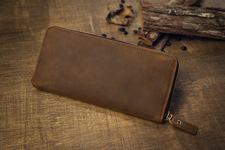Men's long wallet made of genuine cowhide leather Crazy Horse handmade zipper retro simple casual clutch bag men's wallet mobile phone bag