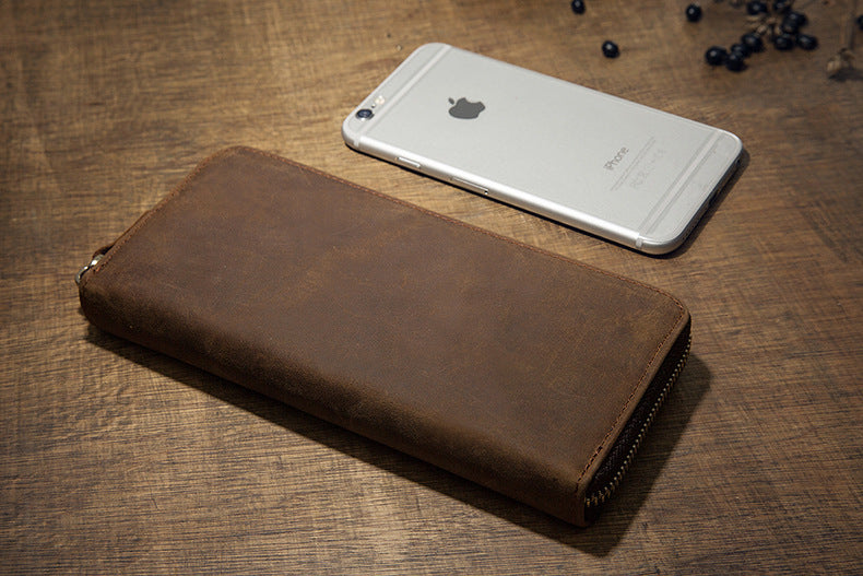 Men's long wallet made of genuine cowhide leather Crazy Horse handmade zipper retro simple casual clutch bag men's wallet mobile phone bag