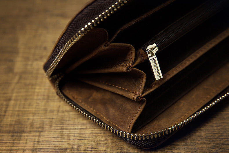 Men's long wallet made of genuine cowhide leather Crazy Horse handmade zipper retro simple casual clutch bag men's wallet mobile phone bag