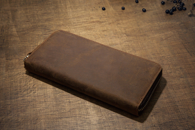 Men's long wallet made of genuine cowhide leather Crazy Horse handmade zipper retro simple casual clutch bag men's wallet mobile phone bag