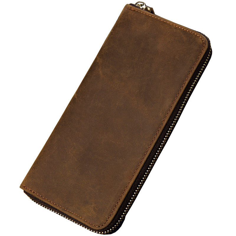 Men's long wallet made of genuine cowhide leather Crazy Horse handmade zipper retro simple casual clutch bag men's wallet mobile phone bag