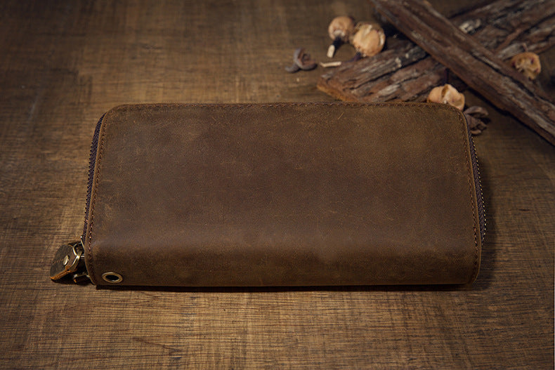 Men's long wallet original Crazy Horse cowhide genuine leather double zipper card holder large capacity retro men's clutch bag handbag